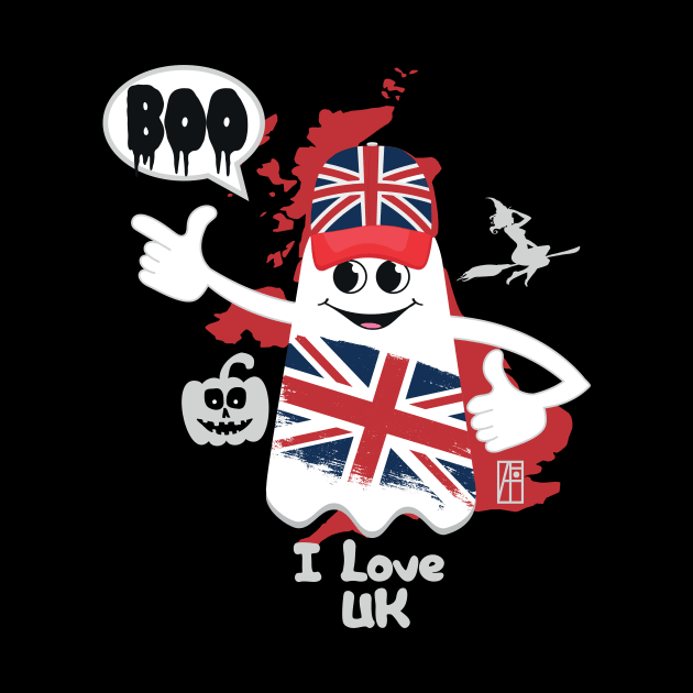 BOO GHOST with the English flag "I love UK" - cute Halloween by ArtProjectShop