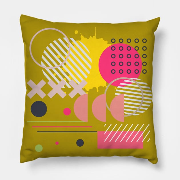 Modern Geometric Pattern Pastel  In Pale Rose, Pink, Lime, Yellow, and Ochre Gold Retro Doodle Style Pillow by SwagOMart