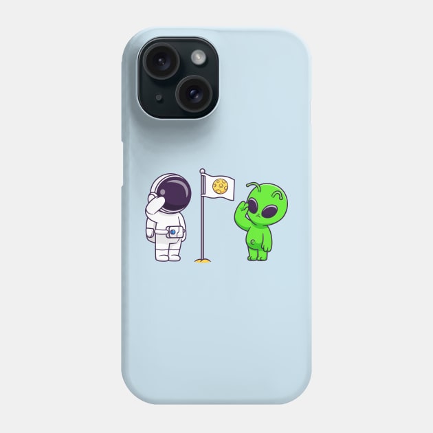 Cute Astronaut and Cute Alien Respect Moon Flag Cartoon Phone Case by Catalyst Labs