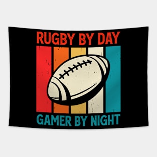 Rugby By Day Gamer By Night For Video Game Lovers - Funny Rugby Vintage Tapestry