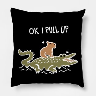 OK I Pull Up Capybara and Crocodile Love (White) Pillow