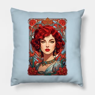 Bohemian Red Haired woman retro vintage floral design Pillow