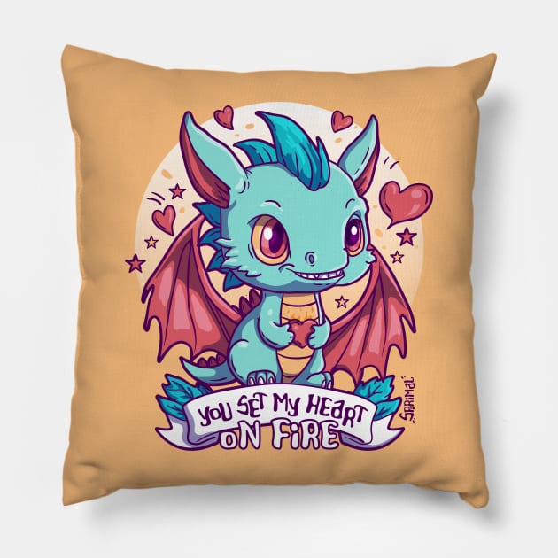 You Set My Heart on Fire - Adorable Dragon Love Pillow by SPIRIMAL