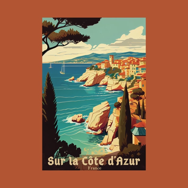 Sur La Cote d' Azur France, French Riviera, Vintage Travel Poster by GreenMary Design