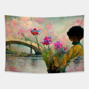 Black child by a river with flowers, surreal pastel colours in dali style Tapestry