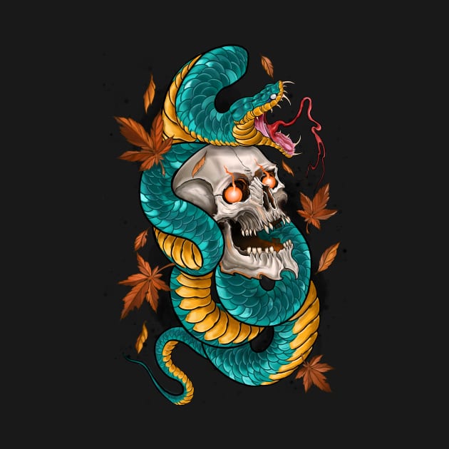 Japanese Tattoo Style Skull and Snake by Eugenex