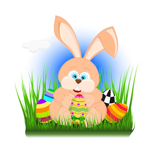 Cartoon easter rabbit on grass holding an easter egg by ojovago