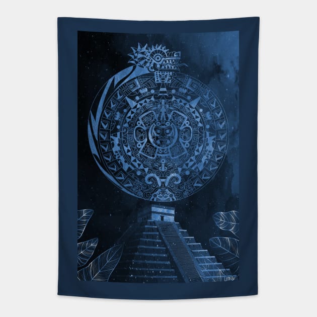 the mexican pyramids in teotihuacan water dragon aztec calendar Tapestry by jorge_lebeau