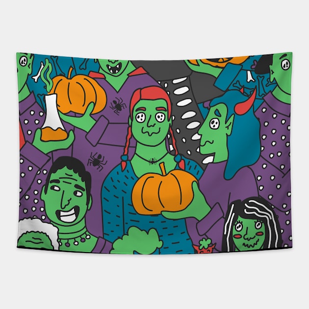 Halloween party of green skin people seamless pattern. Vector illustration of zombies in costumes with strange eyes Tapestry by essskina