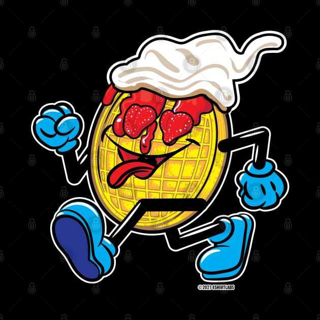 Happy Smiling Waffle Mascot strutting with Strawberries, strawberry syrup and whipped cream by eShirtLabs