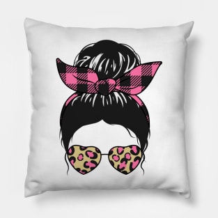 Messy Bun Girl Pink Check Bandana & Leopard Print Sunglasses Pillow