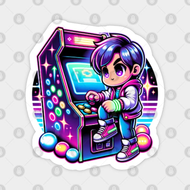 Chibi Boy Retro Neon 80s Video Gamer Cute Magnet by Lavender Celeste