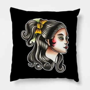 Pony Tail Lady Face Tattoo Design Pillow