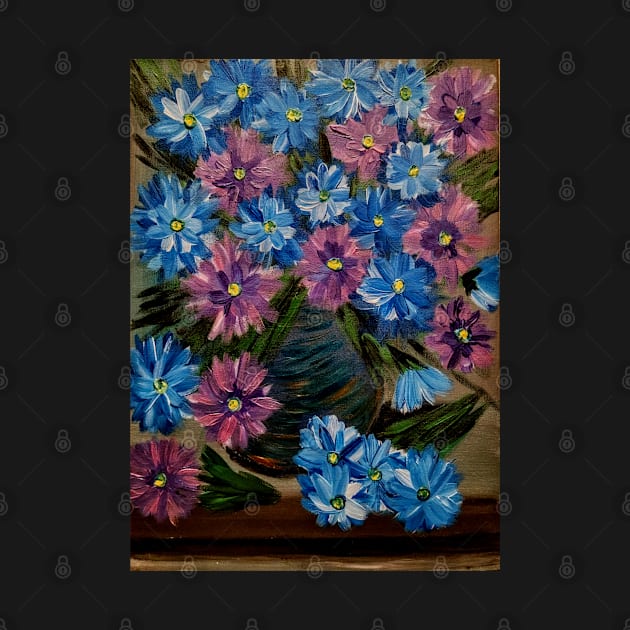 A lovely boutique of abstract metallic flowers in a blue vase . by kkartwork