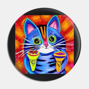 Blue Spanish Cat Playing Maracas Music, Colorful Mexican folk art painting Pin