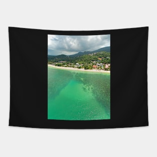 Aerial panoramic view of ocean, beach and blue cloudy sky Tapestry