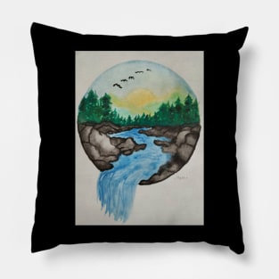 A flock of birds flying high above falling water Pillow