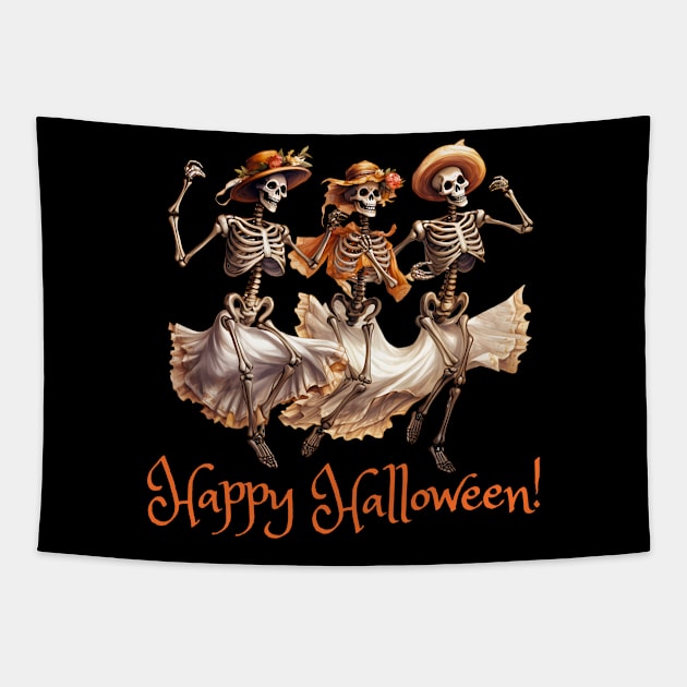 Glamour Ghouls Pretty Fashionable Skeletons Happy Halloween Tapestry by Dibble Dabble Designs