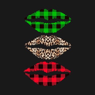 Kissing Lips Trio Buffalo Plaid and Leopard Print, Valentines or St Patricks Ready T-Shirt