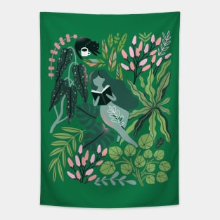 Reading girls among the plants with cats in the jungle Tapestry