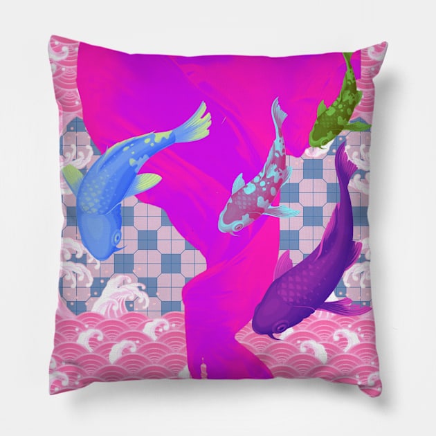 Purple and Blue Koi Fish with a Hot Pink Swirl Ocean- Happy Hong Kong Pillow by CRAFTY BITCH