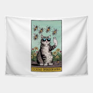 Funny Cat Selfie CICADAS Invasion 2024 - Vintage Tarot Card Tapestry