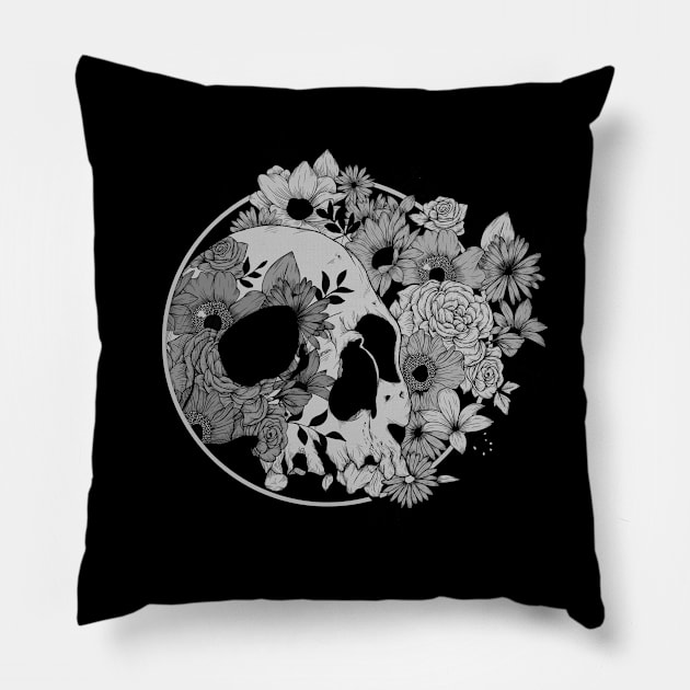 Dark Skulls and Flowers Pillow by Jess Adams