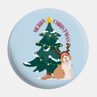 Merry Christmas Tree with Labradoodle Dog with Reindeer Ear Pin