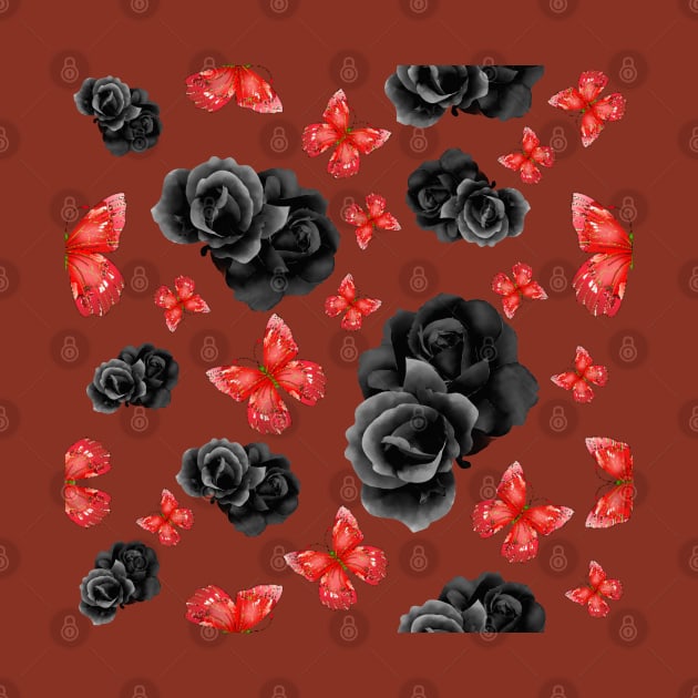 Red Butterflies and Black Roses w/ dark red background by FloralButterflyDreams