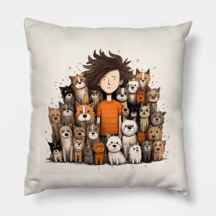 A Boy Surrounded by Playful Dogs 4 Pillow