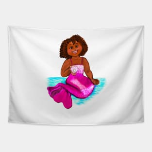 Cute Little Magical rainbow mermaid holding a pearl, brown eyes, Afro hair in two puffs and caramel brown skin - light background Tapestry