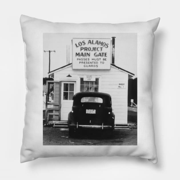 Main gate of Los Alamos laboratory, 1943 (T162/0068) Pillow by SciencePhoto