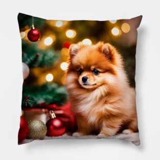 Tiny Pomeranian Puppy Dog by Christmas Tree Pillow