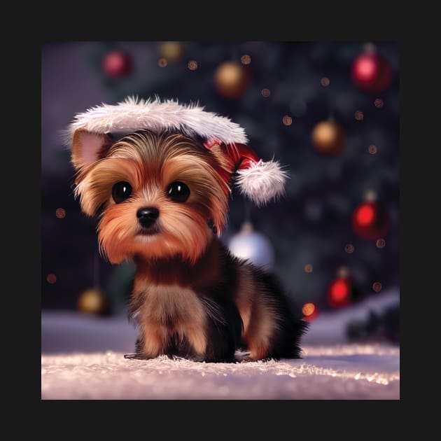 Yorkshire Terrier Christmas Puppy Dog In Santa Hat by Geminiartstudio