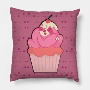 Funny sloth with cupcake in pink Pillow