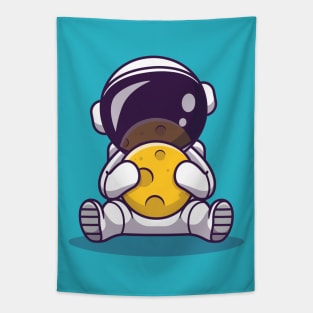 Cute Astronaut Holding Moon Cartoon Vector Icon Illustration Tapestry