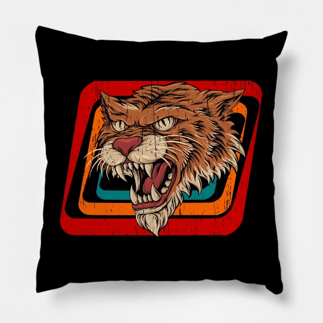 Tiger head vintage attack beware retro 80s style illustration Pillow by SpaceWiz95