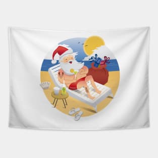 Tropical Santa Claus drinking a cocktail on the beach Tapestry