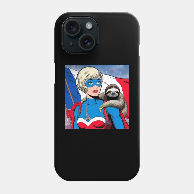 Francais: Female 70's Comic Book Hero with Sloth Phone Case by Woodpile