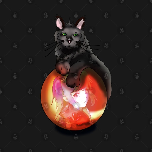 Black fluffy cat on a red glow crystal ball by cuisinecat