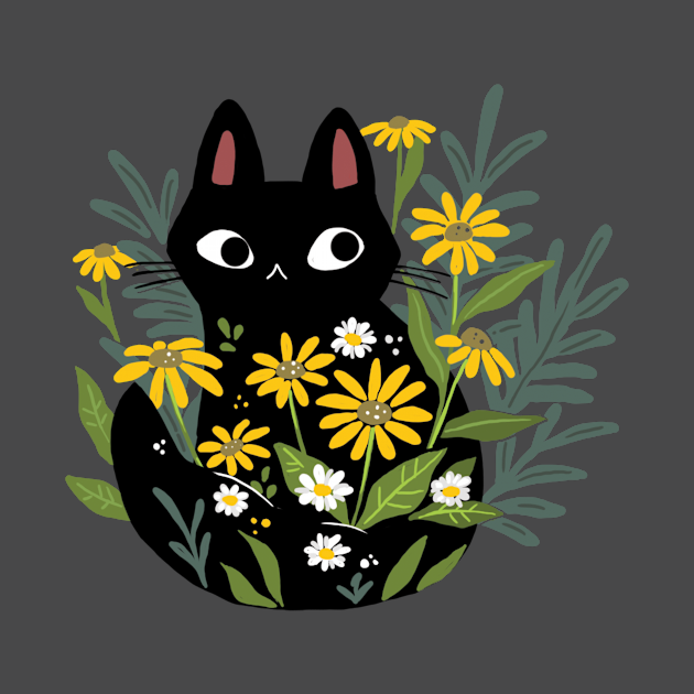 Black Cat In The Flowers - Black Cat - T-Shirt | TeePublic