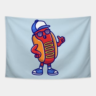 Cool Hotdog Wearing Sunglasses And Hat Cartoon Tapestry