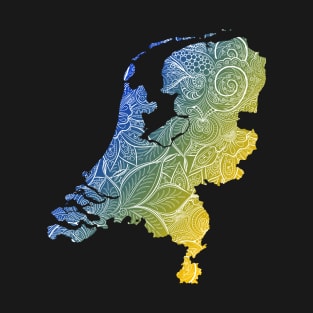 Colorful mandala art map of Netherlands with text in blue and yellow T-Shirt