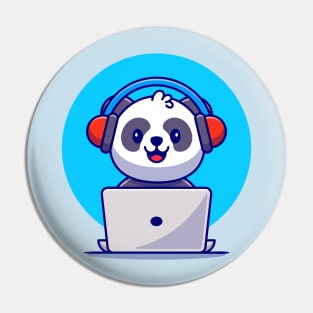 Cute Panda Listening Music With Headphone And Laptop Cartoon Pin