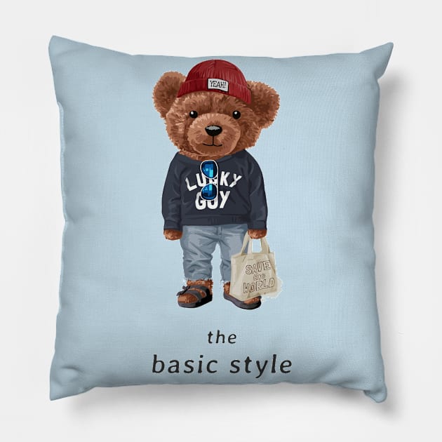 The Basic Style Slogan With Bear in Lucky Guy Sweater And Red Yeah! Hat Pillow by Gouzka Creators 