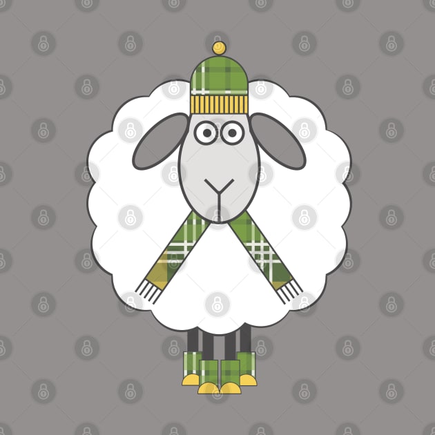 Cosy Winter Sheep With Green and Yellow Tartan Hat, Scarf and Boots by MacPean