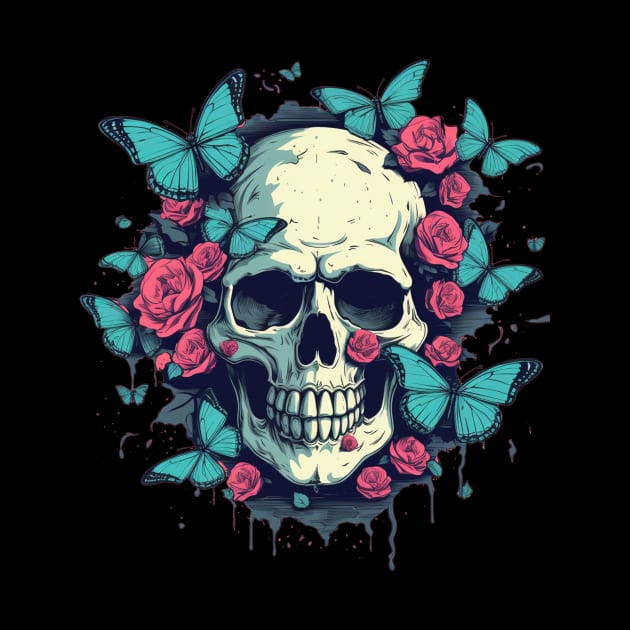 Skull with Buttlerflies and Roses by TOKEBI