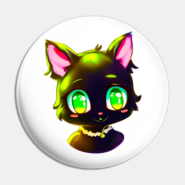 Black cat with green eyes wearing necklace Pin by Meowsiful