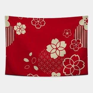 Red Asian pattern with spring flowers Tapestry