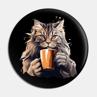 Maine Coon Cat Drinking Coffee Pin